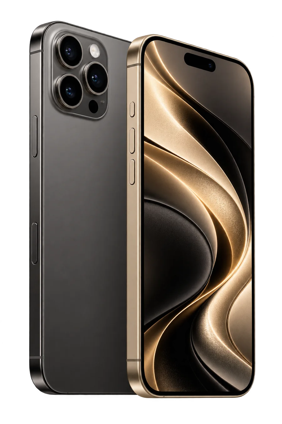 Composição ilustrativa de iPhones em titânio grafite e dourado